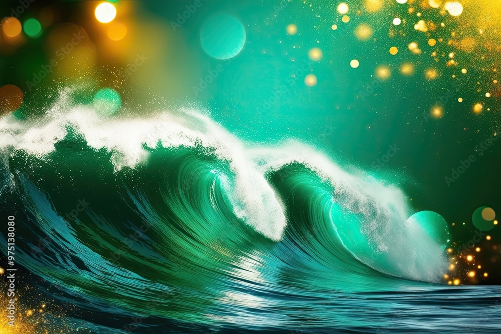Poster emerald waves and colorful abstract backgrounds with radiant illumination and energetic vibes