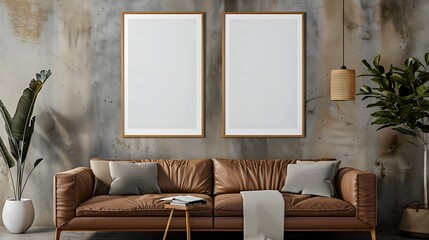 Modern Living Room Interior with Brown Leather Sofa and Two Empty Picture Frames