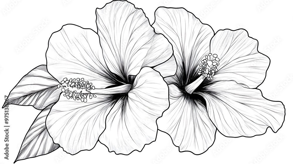 Wall mural hibiscus flower outline illustration, freehand sketching flower, black and white with line art illus