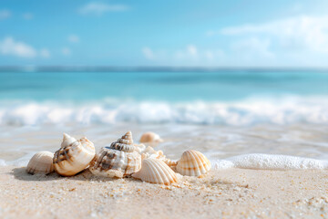Beach background with sandy shore, seashells, and gentle waves