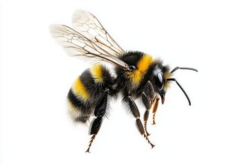 A bumblebee hovers in mid-air, its fuzzy body and translucent wings contrasting beautifully against a white background, embodying the essence of nature's pollinators.