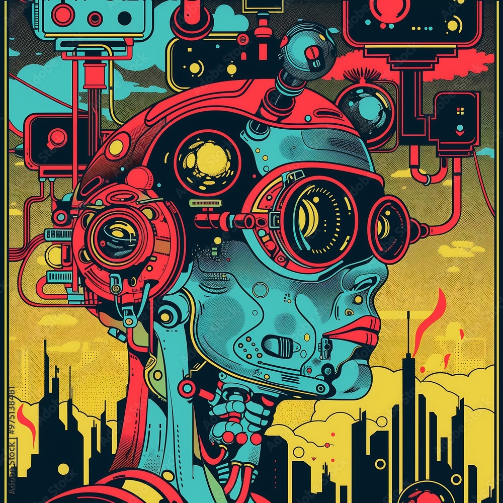 Canvas Prints Cyberpunk AI Robot Woman Futuristic City Digital Art Illustration