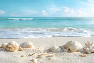 Serene beach background with sandy shore, seashells, and gentle waves creating a tranquil coastal landscape