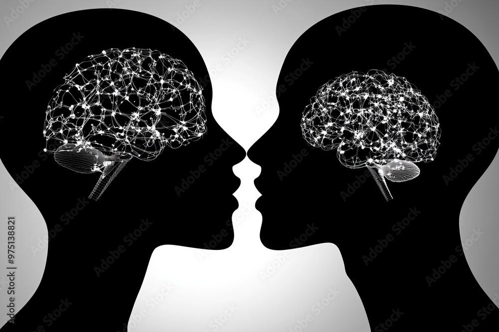 Poster two black silhouettes with brains facing each other symbolizing intellectual exchange neural communi