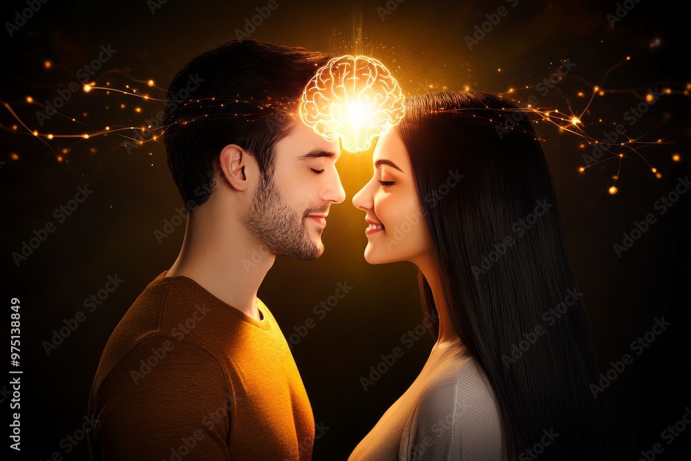 Poster romantic couple with glowing brains symbolizing the deep intellectual and emotional connection share