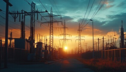 Electric power substation featuring transformers and high voltage equipment for energy distribution