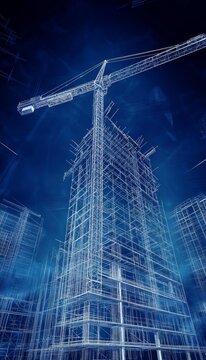 Photographic representation of a 3d blueprint showcasing building construction with a crane