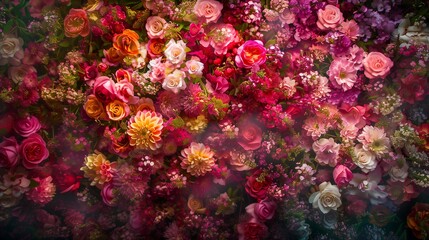 Colorful Floral Wall Background with Roses, Dahlias, and other Flowers