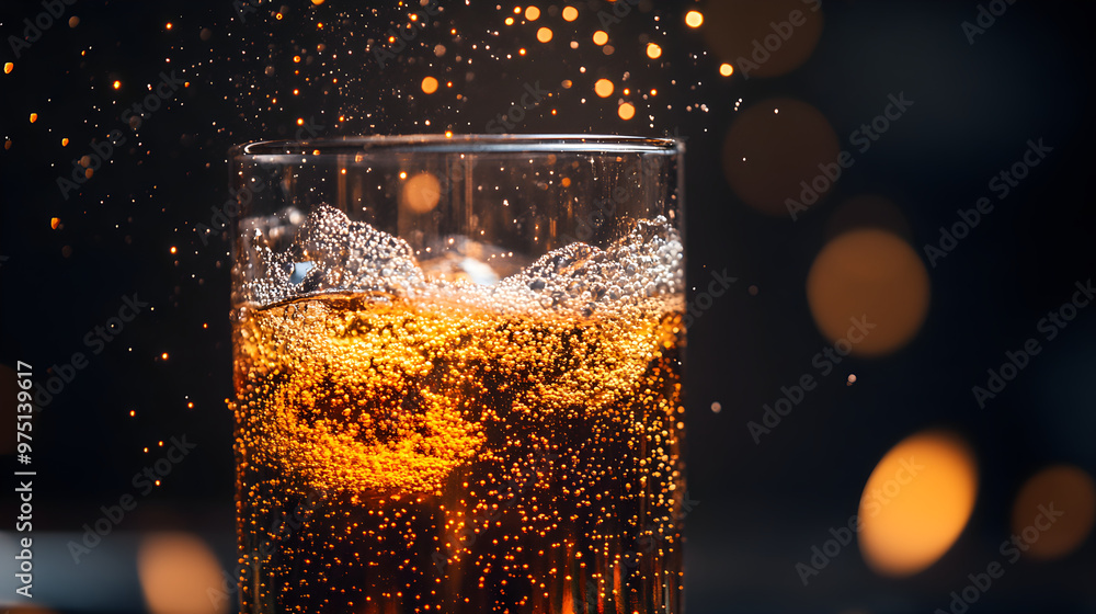 Poster a glass of soda fizzing with bubbles that look like stars creating a sparkling galaxy