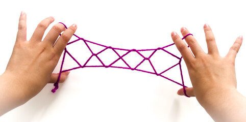 Traditional Japanese string game called AYATORI or cat's cradle, creating four diamond bridge shape with yarn - educational, low cost, fun activity for children