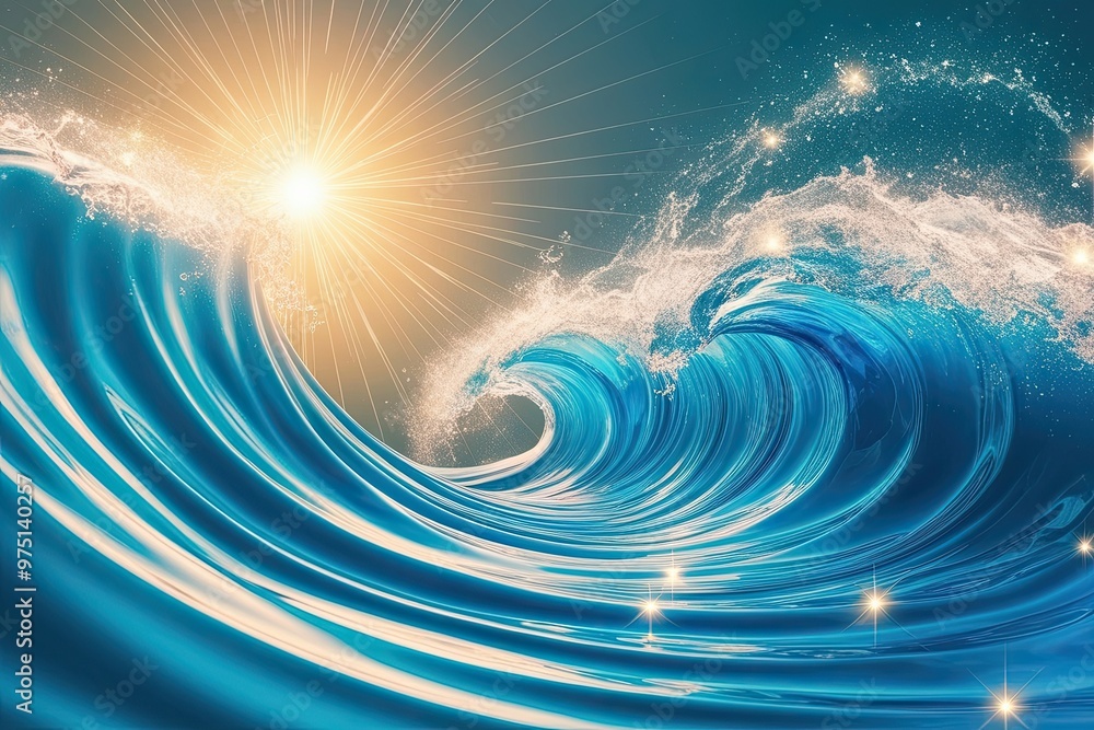 Poster vibrant azure fluid waves with abstract radiant background and twinkling luminescence