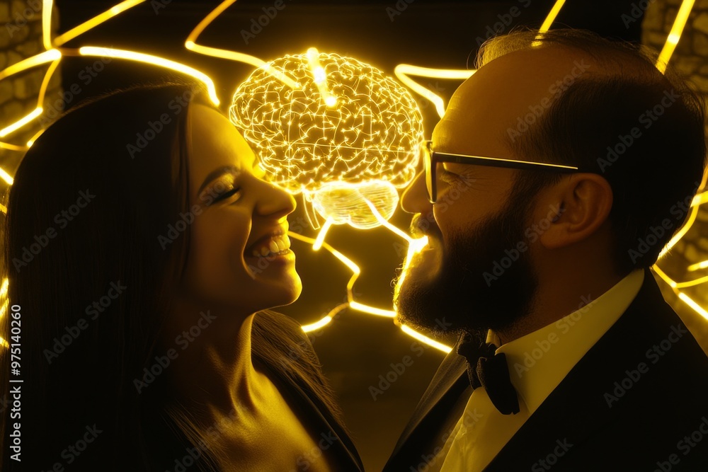 Poster smiling couple with glowing brains in a romantic setting illustrating the deep mental and emotional 