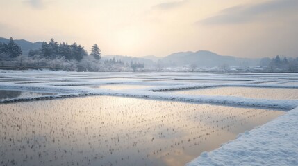 Snow-Covered Rice Paddies with Reflected Sky at Sunset