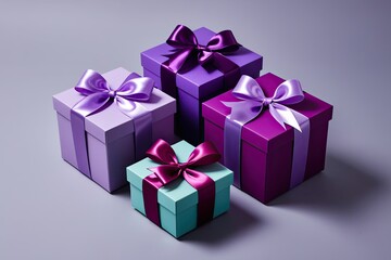 Fototapeta premium Lavender and Purple Gift Box Sets with Satin Ribbon Bow on Smooth Background
