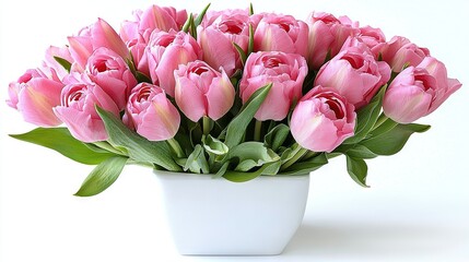 Fototapeta premium A white vase holds a pink tulip bouquet against a green stem and white backdrop