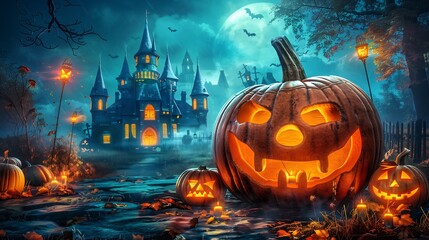 Naklejka premium Spooky Halloween pumpkins in front of haunted castle. Scary Halloween scene with jack o' lantern, moon, and bats