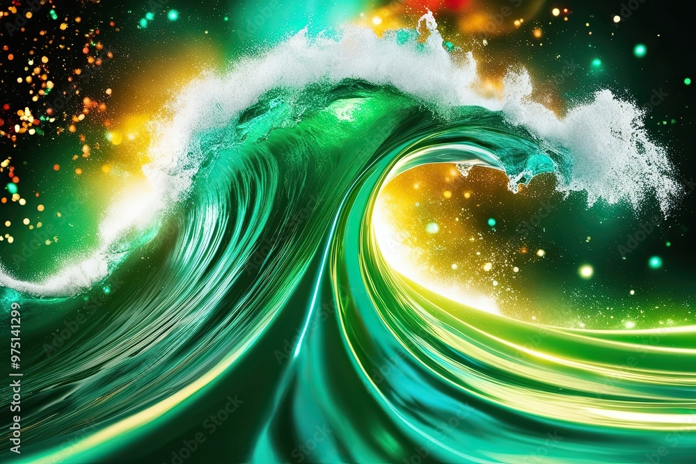 Poster emerald waves and colorful abstract backgrounds with bright illumination and festive vibrancy