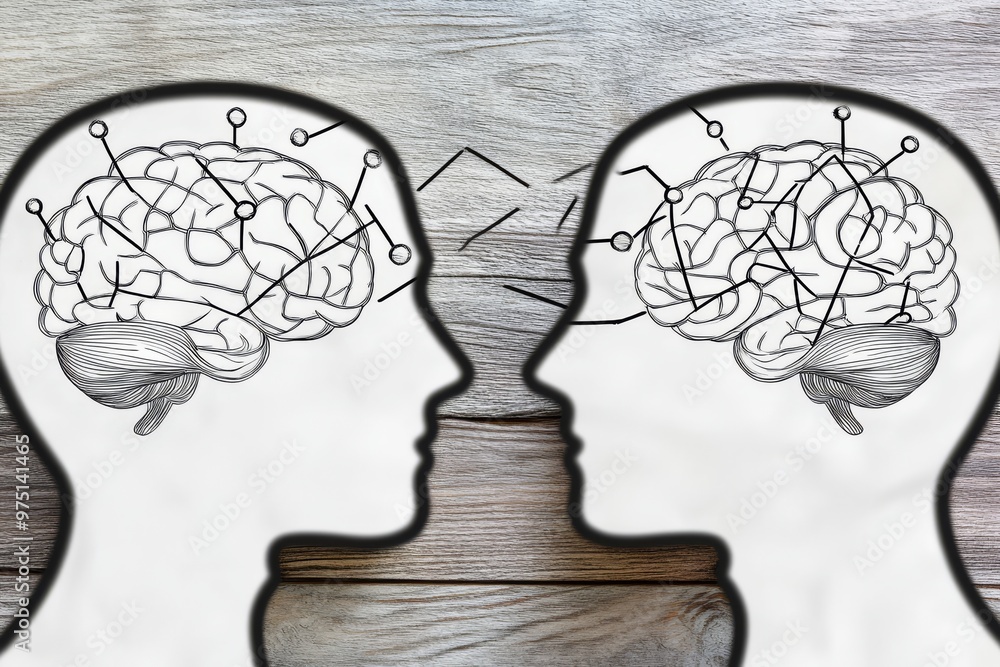 Poster two abstract head profiles with scribbles inside their brains symbolizing chaotic thought processes 