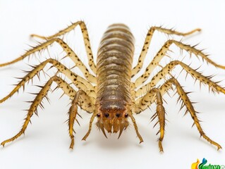 house centipede moves gracefully across a clean white surface, its numerous long, slender legs stretched wide as it navigates. The creature's intricate anatomy is highly visible and captivating.