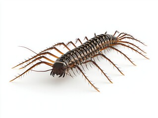 house centipede crawls gracefully across a stark white surface, its long, slender legs spreading widely as it moves, highlighting its unique anatomy and characteristics.