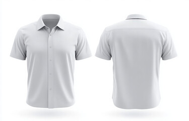 A white, short-sleeved button-down shirt is shown from the front and back on a white background.