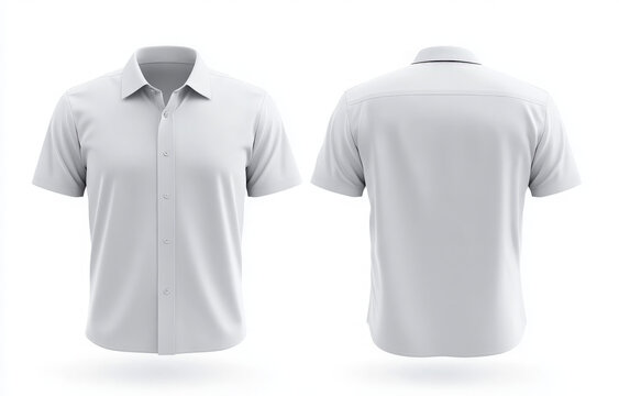 A white, short-sleeved button-down shirt is shown from the front and back on a white background.