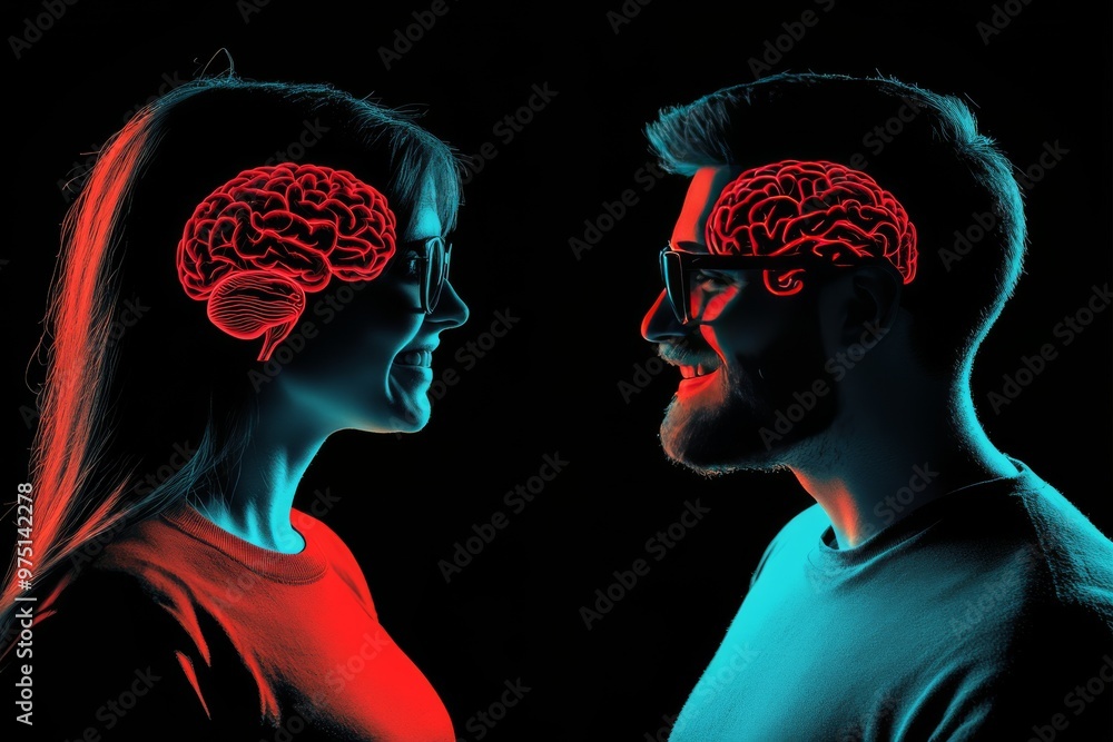 Poster two abstract heads with neural patterns illustrating the complexity of cognitive thought and the int