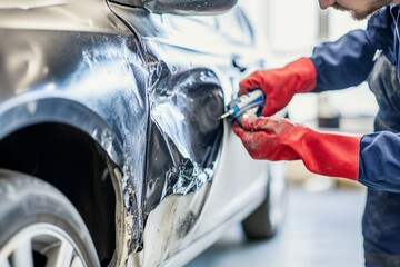 Expert auto body repair specialist restores dented car fenders to achieve a flawless finish