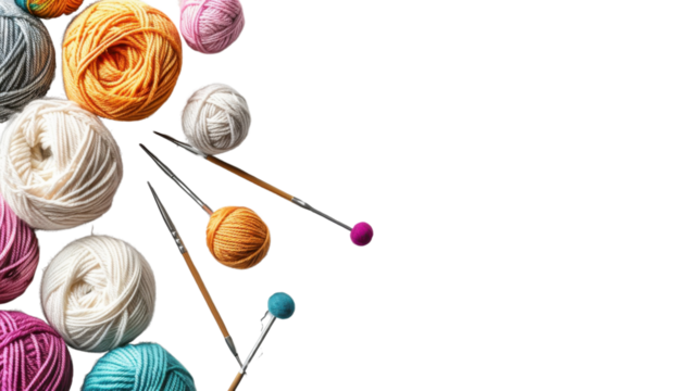 Yarn balls and knitting needles on transparent background