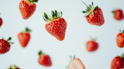   A cluster of strawberries suspended in mid-air among several others behind them