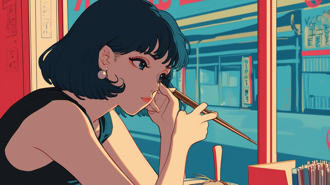 70年代、80年代のシティポップを意識した女性のアニメ風イラスト,レトロポップ,日本人,懐かしい,エモい,J-pop,エモーショナル,チル,背景素材