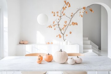 Chic interior design featuring a marble table with pastel pumpkins in a tranquil setting