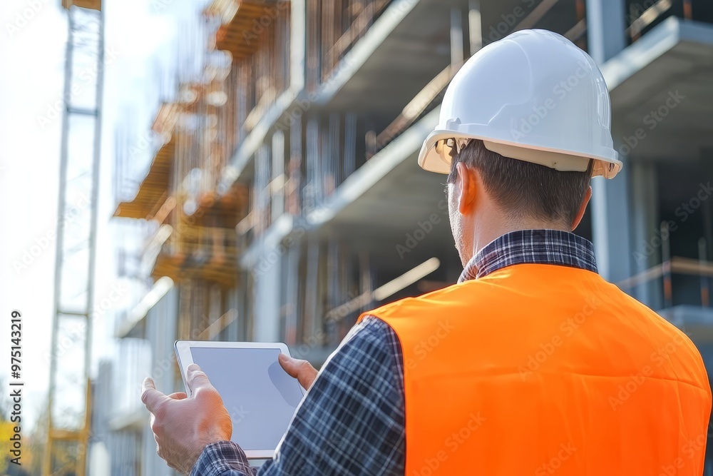 Poster structural engineer and foreman collaborate on outdoor building project using a touch pad