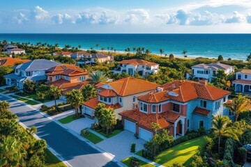 Obraz premium Aerial View of Luxurious Waterfront Homes with Palm Trees and Ocean in the Background
