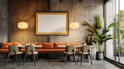 Modern restaurant interior design with blank frame mockup, wooden wall and concrete wall