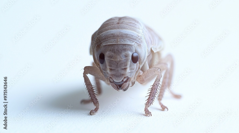 Poster mole cricket nymph is seen moving across a pristine white surface, displaying its segmented body and