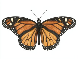 Fototapeta premium stunning monarch butterfly reveals its intricate patterns of orange and black as it spreads its wings wide against a bright, white backdrop, highlighting its beauty and grace.
