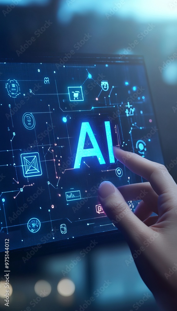 Poster dynamic presentation of ai concepts with glowing typography in a modern corporate environment