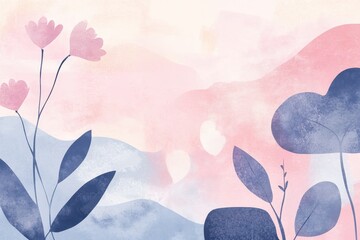 Abstract Watercolor Landscape with Pink Flowers and Blue Foliage