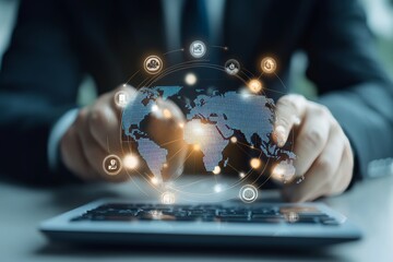 Businessman interacting with global network for online payments and customer connection