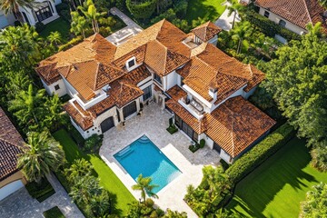 Aerial View of a Luxurious Mediterranean-Style Home with a Pool and Lush Landscaping
