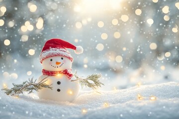 Joyful snowman in a snowy landscape with bokeh lights, ideal for new year s celebration backdrop