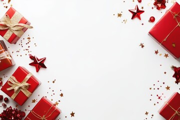 Obraz premium Joyful christmas and new year banner featuring red gift boxes and golden stars on white background