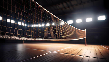 Illuminated Indoor Volleyball Court with Net Under Dramatic Lighting