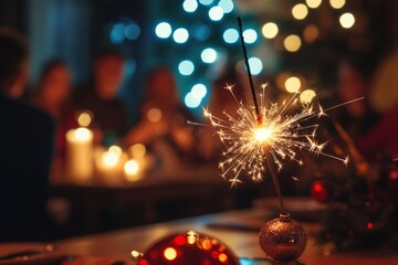 Captivating celebration  sparkler glow amidst a blurred party background for new year festivities