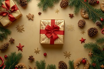 Festive christmas decoration with golden gift box, cookies, cinnamon, and fir branches