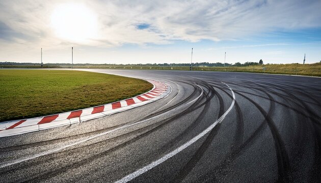 Race track with sharp curve and skid marks