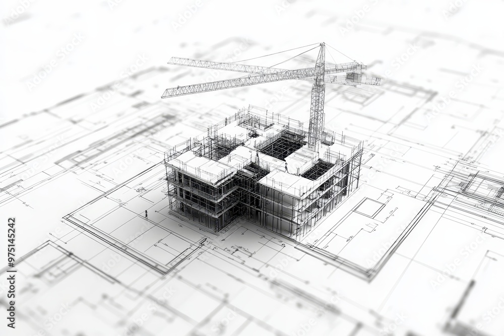 Poster 3d blueprint of building construction featuring a crane in action for architectural design