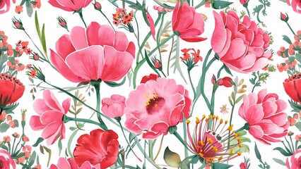 Watercolor floral seamless pattern of pink and red roses and wildflowers, illustration on white background