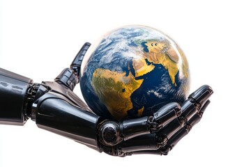 Robot hand grasping earth globe on white background   a symbol of technology and environment